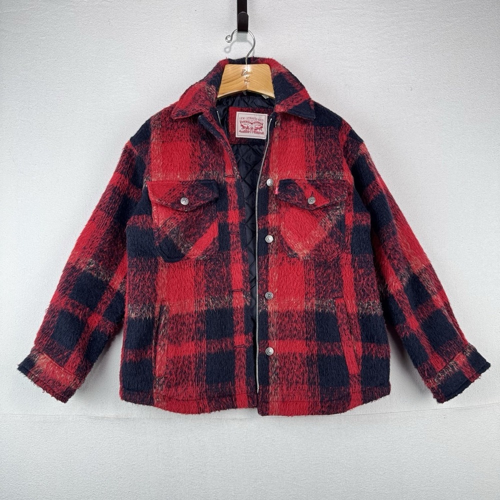Levi's Trucker Jacket Buffalo Plaid Zipper Button Wool Blend Red Women's XS - Picture 2 of 14